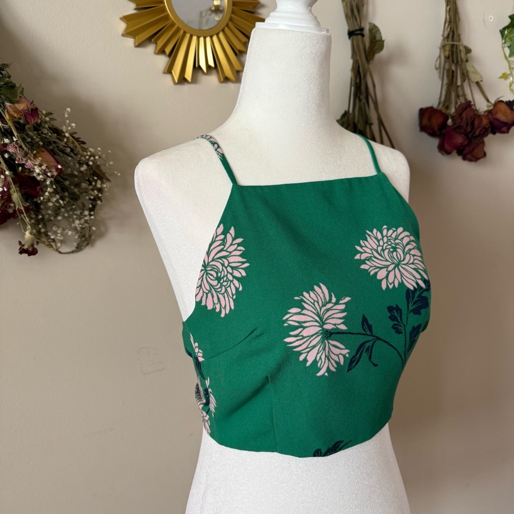 Forever 21 Green Floral Square-Neck Tie Back Crop Top - Picture 3 of 5